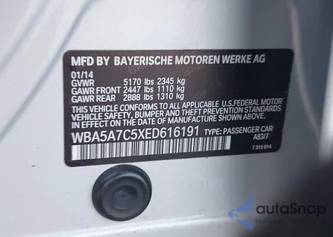 2014 BMW 528I xDrive z USA, uszkodzony, nr VIN WBA5A7C5XED616191